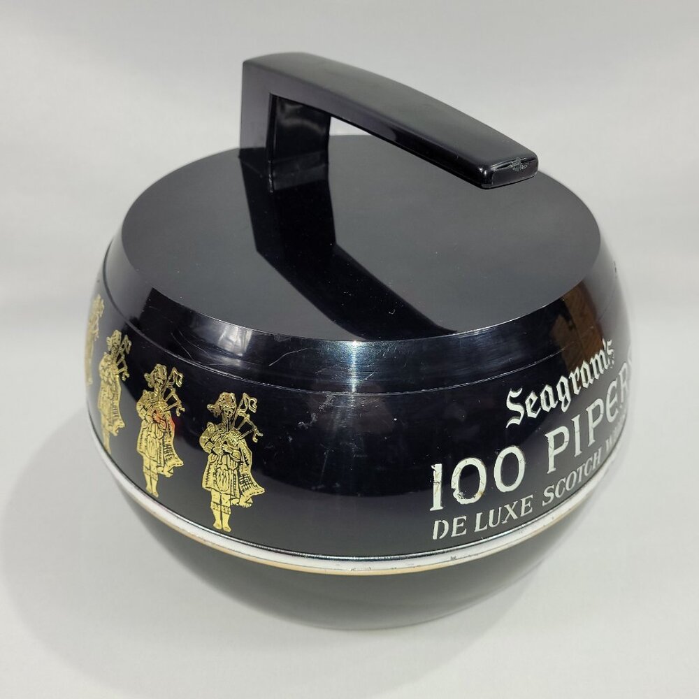 Seagrams 100 Pipers Scotch Whisky 10" Plastic Ice Bucket Pail Black Lid & Liner